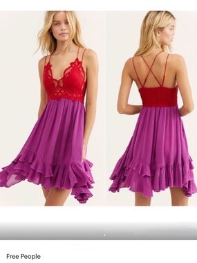 Free People Adella Lace Slip Dress Lipstick Combo Boho Festival Summer XS